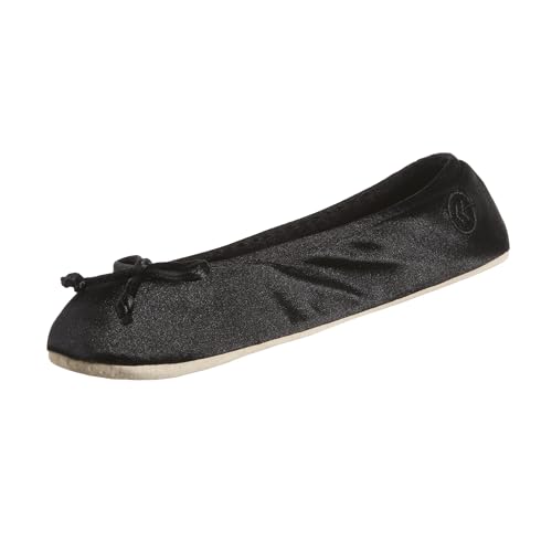 isotoner Women's Classic Stretch Satin Ballerina Slippers with Bow Tie and Leather Sole, Black, 5-6