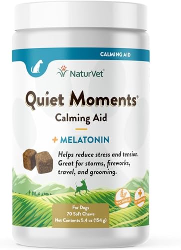 NaturVet Quiet Moments Calming Dog Supplement, Dog Soft Chews with Melatonin to Help Reduce Stress from Storms, The Vet, Fireworks, and Travel, Bacon and Chicken Flavored Pet Supplement, 70 Count Jar