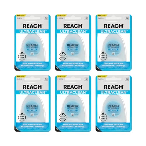 REACH Ultraclean Dental Floss, Mint, Plaque Remover for Teeth, Shred Resistant, Waxed, Easy on Gums & Teeth, Mint, Oral Care, PFAS Free, for Adults & Kids, 6 Pack, 30 yd