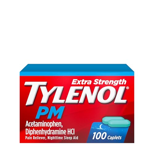 Tylenol PM Extra Strength Nighttime Pain Reliever & Sleep Aid Caplets, 500 mg Acetaminophen, 25 mg Diphenhydramine HCl, Fast-Acting, Non-Habit Forming, Pain Relief Medicine for Aches & Cramps, 100 Ct