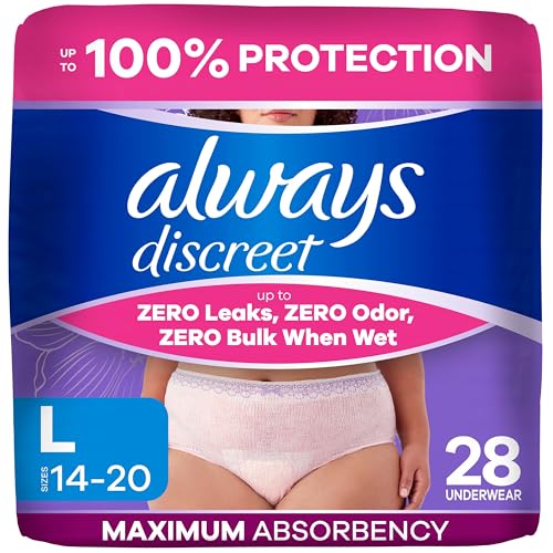 Always Discreet Adult Incontinence Underwear for Women and Postpartum Underwear, Large, Up to 100% Bladder Leak Protection, 28 Count