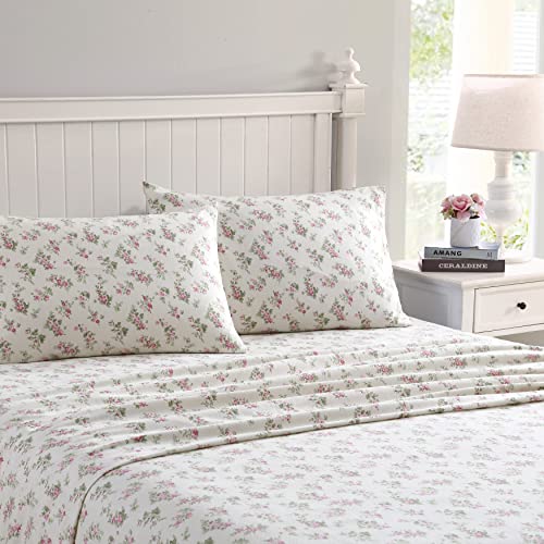 Laura Ashley Home | Flannel Collection | Premium Ultra Soft Cozy Lightweight Cotton Flannel Bedding Sheet Set, Wrinkle, Anti-Fade, Stain Resistant & Hypoallergenic, Twin, Audrey Pink (201589)