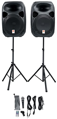 Rockville RPG122K Pair 12" 1000W Powered Speakers, Bluetooth, Wired Mic, Speaker Stands, Cables, Built-in Mixer, TWS Linking, for DJs, Karaoke, Events