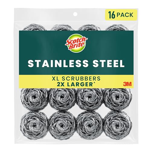 Scotch-Brite Stainless Steel Scrubbers, Scouring Pads for Cleaning Tough Baked-On Messes, Metal Scrubbers for Cleaning Dishes, 16 Scrub Pads
