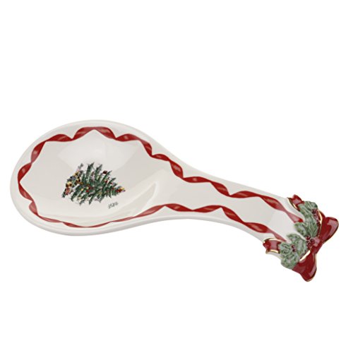 Spode Christmas Tree Ribbons Spoon Rest, 9.25" Festive Holiday Cooking Utensil Holder, Fine Earthenware - Ladle Holder for Kitchen Countertop - Dishwasher Safe, Christmas Kitchen Décor