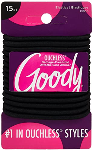 Goody Ouchless Hair Elastics – No Pull, No Breakage, Tangle-Free Hold for Thick, Curly, Coily & Textured Hair – 15 Count, Black, Long-Lasting Ponytail Holders for Women & Men
