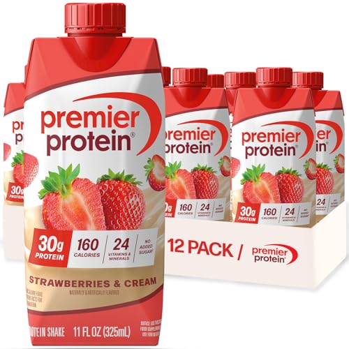 Premier Protein Shake, Strawberries & Cream, 30g Protein, 11 fl oz, Pack of 12 (Packaging May Vary)