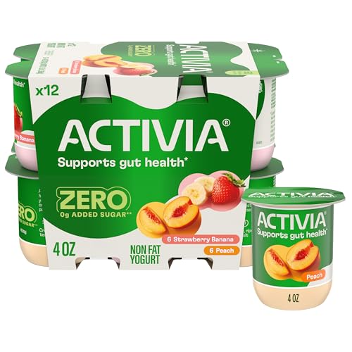 Activia ZERO 0g Added Sugar Strawberry Banana and Peach Probiotic Yogurt, Delicious Nonfat Yogurt Cups to Help Support Gut Health, 4 oz, 4 Count