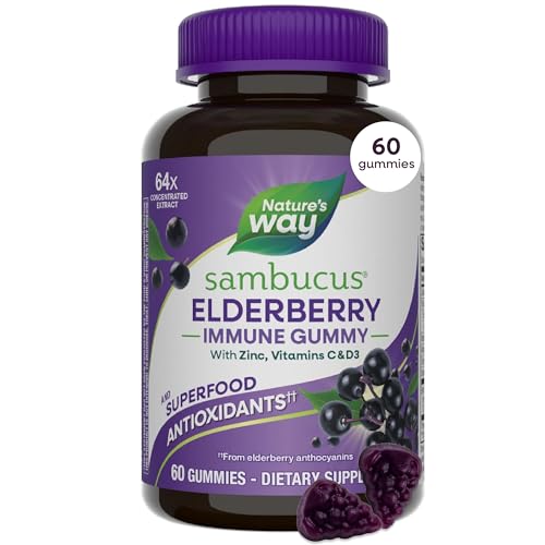 Nature’s Way Sambucus Elderberry Immune Support Gummies for Kids & Adults* with Black Elderberry Extract, Vitamin C, Vitamin D3, and Zinc, 60 Gummies (Packaging May Vary)