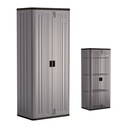 Suncast Tall Storage Cabinet, Platinum Resin Outdoor & Garage Storage Cabinet with Doors & Shelves, Plastic, Weather-Resistant, Lockable, Freestanding Utility Closet for Tools & Supplies, Made in USA