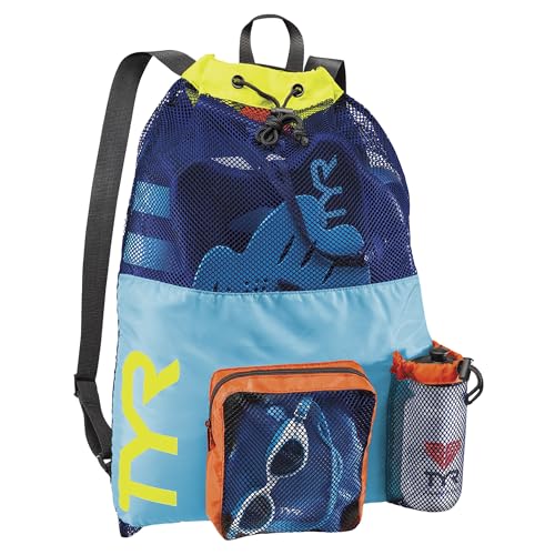 TYR Big Mesh Mummy Backpack for Wet Swimming, Gym, and Workout Gear, Blue/Yellow