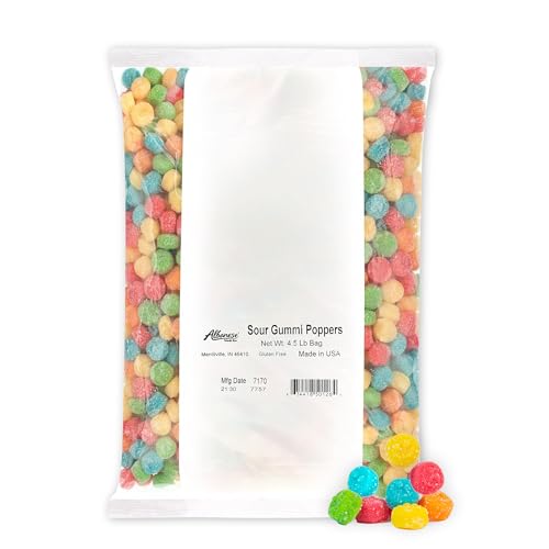 Albanese World's Best Sour Gummi Poppers | 4.5lbs of Candy | 5 Super Sour Flavors, Gluten Free, Fat Free, Soft & Chewy Gummies | Blue Raspberry, Lemon, Orange and More | Perfect for Birthday Parties