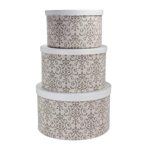Household Essentials Round Hat Boxes with Lids, Vibrant Scallop Print with Faux Leather Lids, Poly-Cotton and Non-Woven PP Liner, Large, Medium and Small, Stackable and Nestable, Olive and Cream