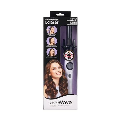 KISS Instawave Deluxe Automatic Rotating Curling Iron, Self-Spinning, Ceramic Ionic Technology, Tangle Prevention, 2-Way