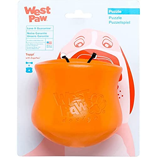 West Paw Zogoflex Toppl Treat Dispensing Dog Toy Puzzle – Interactive Chew Toys for Dogs – Dog Toy for Moderate Chewers, Fetch, Catch – Holds Kibble, Treats, Large 4", Tangerine