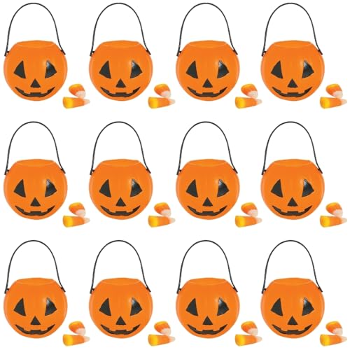 Fun Express Set of 12 Pieces Mini Plastic Pumpkin Buckets, BPA Free Plastic, Halloween Party Supplies, Orange & Black