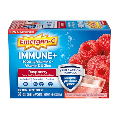Emergen-C Immune+ Triple Action Immune Support Powder, BetaVia (R), 1000mg Vitamin C, B Vitamins, Vitamin D and Antioxidants, Raspberry, Back to School Essentials – 30 Count