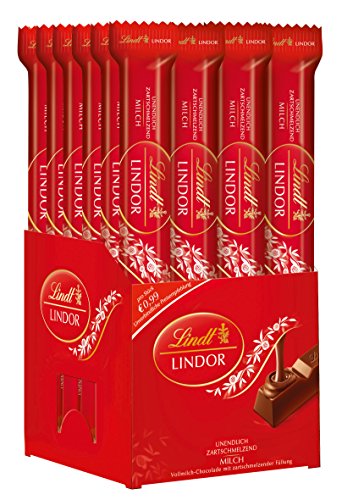 (-34%) Lindt Schokolade LINDOR Vollmilch Schokoladen-Sticks | 24 x 38 g Schokoladenriegel | Mit zartschmelzender Vollmilch-Schokoladenfüllung | Pralinen-Geschenk | Schokoladen-Geschenk | Großpackung