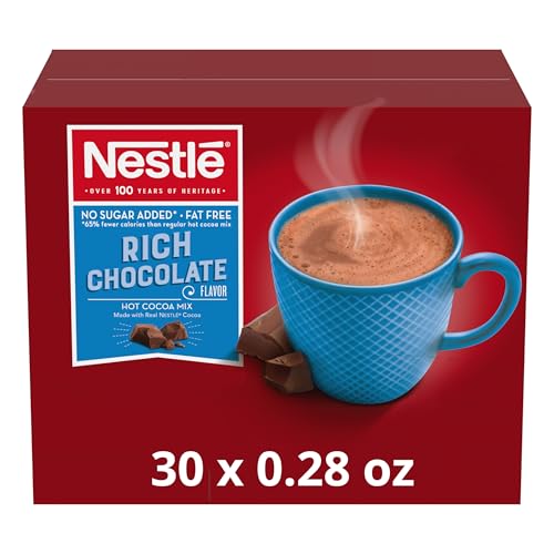 Nestle Hot Chocolate Packets, Hot Cocoa Mix, No Sugar Added and Fat Free, Bulk Pack, 0.28 oz Packet (Pack of 30)