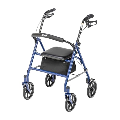 Drive Medical 10257BL-1 4 Wheel Rollator Walker With Seat, Steel Rolling Walker, Height Adjustable, 7.5" Wheels, Removable Back Support, 300 Pound Weight Capacity, Blue
