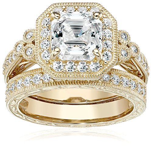 Amazon Essentials Yellow 23K GoldPlated Sterling Silver Antique Ring set with Asscher-Cut Infinite Elements Cubic Zirconia, Size 7 (previously Amazon Collection)