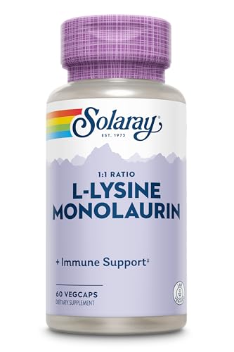 SOLARAY L-Lysine Monolaurin Immune Support Supplement, 1:1 Ratio for Immune System Function, 500 mg Each, 60-Day Money Back Guarantee, 30 Servings, 60 VegCaps