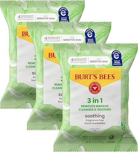 Burt's Bees Stocking Stuffers, Aloe Vera Face Wipes, for Sensitive Skin, Soothing Makeup Remover & Facial Cleansing Towelettes Christmas Gifts, 30 Ct. (3-Pack)