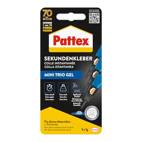 🔥 STARKER PREIS (-60%) Pattex Sekundenkleber Ultra Gel Mini Trio, extra starker & flexibler Superkleber in 3 Tuben, Sekundenkleber Gel für z. B. Gummi, Leder, Holz, 3x 1 g Tube, 9H PSMG3