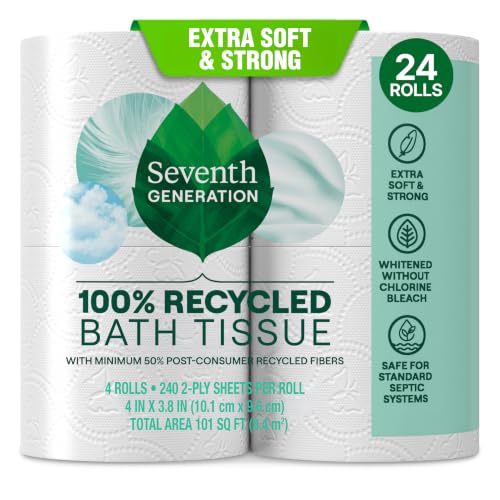 Seventh Generation Toilet Paper, 100% Recycled 2-Ply Bath Tissue, 4 Rolls of 240 Sheets, Extra Soft & Strong for Home & RV, Whitened without Chlorine Bleach, No Dyes or Fragrances, Septic Safe