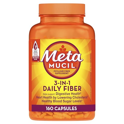 Metamucil, Psyllium Husk Capsules, 160 Capsules, 3-in-1 Fiber Supplement, Daily Psyllium Husk Fiber Capsules Help Support Digestive Health by Promoting Regularity*, Help Supplement Daily Fiber Intake