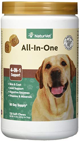 NaturVet All-in-One Dog Supplement - for Joint Support, Digestion, Skin, Coat Care – Dog Multivitamins with Minerals, Omega-3, 6, 9 – Wheat-Free Vitamins for Dogs – 120 Soft Chews
