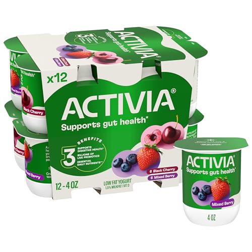 Activia Black Cherry and Mixed Berry Probiotic Yogurt, Delicious Lowfat Yogurt Cups to Help Support Gut Health, 12 Ct, 4 OZ