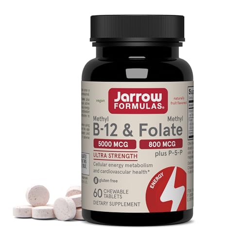 Jarrow Formulas Methyl B-12 & Methyl Folate - 60 Chewable Tablets, Cherry - Bioactive Vitamin B12 & B9 - Supports Energy Production, Brain Function & Metabolism - Gluten Free - 60 Servings