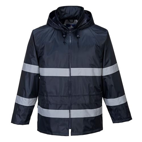 Portwest F440 Men's Hi Vis Waterproof Hooded Rain Jacket - Classic Iona Reflective Rain Coat Navy, 3X-Large