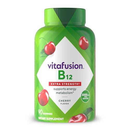 vitafusion Extra Strength Vitamin B12 Gummies, Supports Energy Metabolism and Nervous System Health Support, Gummy Vitamin Supplement for Women and Men, Cherry Flavor, 45 Day Supply, 90 Count