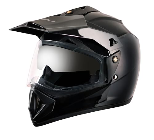 Vega Off Road ISI Certified Gloss Finish Full Face Dual Visor with Peak Helmet for Men and Women Outer Clear Visor and Inner Smoke Sun Visor(Black, Si