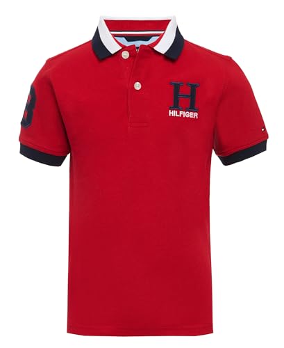 Tommy Hilfiger Boys Short Sleeve Stretch Ivy Polo Collared Shirt, Signature Embroidered Logo, Regal Red1, 6 US