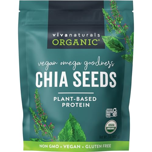Viva Naturals Organic Chia Seeds, 2 lb (907 g) – Plant-Based Omega-3 and Vegan Protein, Gluten Free & Non-GMO, Perfect for Smoothies, Salads & Chia Pudding