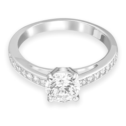 Swarovski Attract Ring, Round Clear Crystal Center Stone with Clear Crystal Pavé on a Rhodium Plated Setting, Size 6