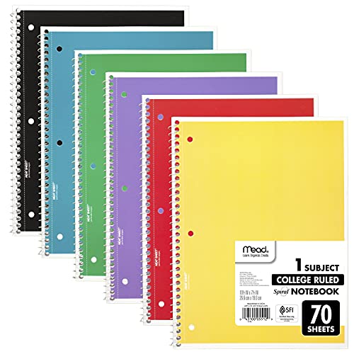 Mead Spiral Notebook, 6 Pack, 1 Subject, College Ruled Paper, 7-1/2" x 10-1/2", 70 Sheets per Notebook, Colors Will Vary (830062-ECM25)