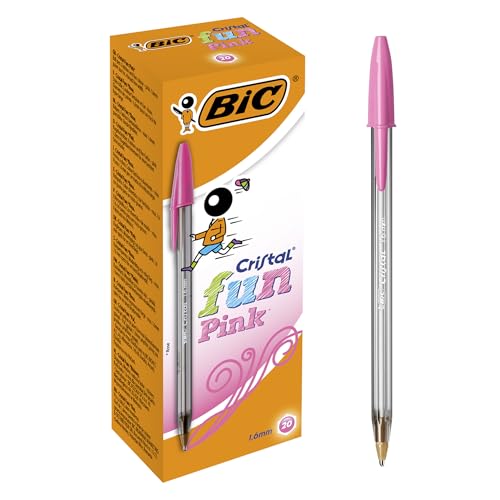 Bic Cristal Fun Ballpoint Pens, Pink Ink Smudge-Proof Writing Pens and Wide Point (1.6mm), Pack of 20