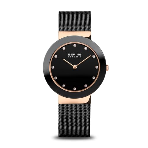 (-37%) BERING Damen Quarz Uhr | Armbanduhr 35 mm roségoldenes Edelstahlgehäuse und schwarzes Zifferblatt | Milanaisearmband | Saphierglas | 5 ATM | 11435-166