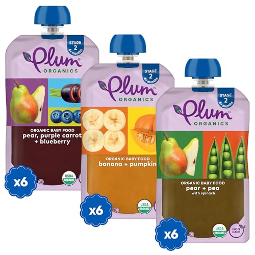 Plum Organics Variety Pack, 6+ Months – Fruit and Veggie Adventure Pack – Organic Baby Food Pouches, 4 oz Pouch, Pack of 18 (Amazon Exclusive)