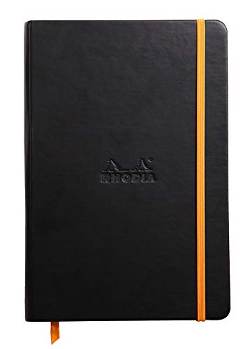 Rhodia 118742C - Black Rigid Notebook - A5 - Lined - 192 pages - Ivory Clairefontaine Paper 90 g/m - Bookmark, Elastic Closure - Faux Leather Cover - Rhodiarama Collection