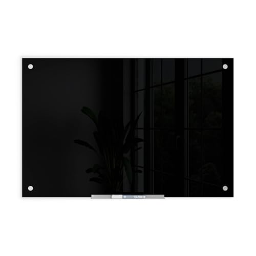 U Brands Glass Dry Erase Board, 24" x 36", Black Surface with Silver Grommets, Frameless, Includes Marker with Built-in Eraser