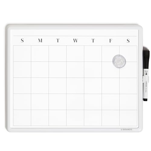 U Brands Magnetic Dry Erase Calendar White Board, 11" x 14"", Modern White Frame, Includes Marker and Magnet