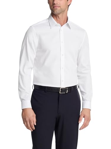 Calvin Klein Men's Slim Fit Non-Iron Herringbone Point Collar Dress Shirt, White, 15.5" Neck 32"-33" Sleeve