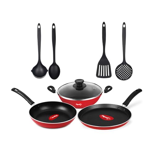 Mio Non Induction Base Nonstick Aluminium Cookware Gift Set, Includes Nonstick Flat Tawa, Nonstick Fry Pan, Kitchen Tool Set, Nonstick Kadai with Glas