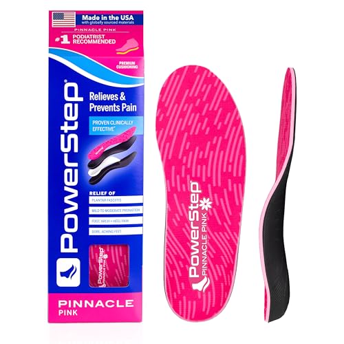 PowerStep Pinnacle Pink Orthotics for Women - Arch Support Inserts for Plantar Fasciitis Relief- Made in USA- Maximum Cushioning Arch Support, Deep Heel Cup for Pronation (W 9-9.5, M 7-7.5)