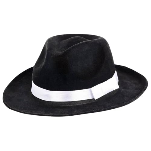 Black Gangster Felt Hat with White Band - Adult Size, 1 Count - Costume Accessory for Parties, Photo Booths & Roaring Events